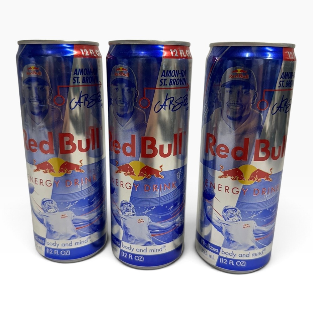 3 Pack Amon-Ra St Brown Red Bull Energy Drink 12oz Cans Detroit Lions Limited Ed